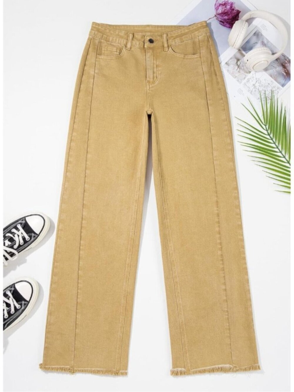 Women's Khaki Leg Jeans High Waisted Stretchy Length Side Seam Denim Pants - Picture 4 of 6